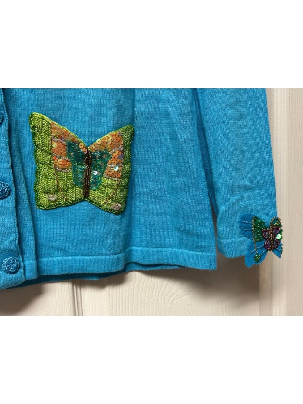 Storybook Knits Butterfly Embellished Cardigan Blue Grandmacore Fairycore Sz Sm - Picture 6 of 9
